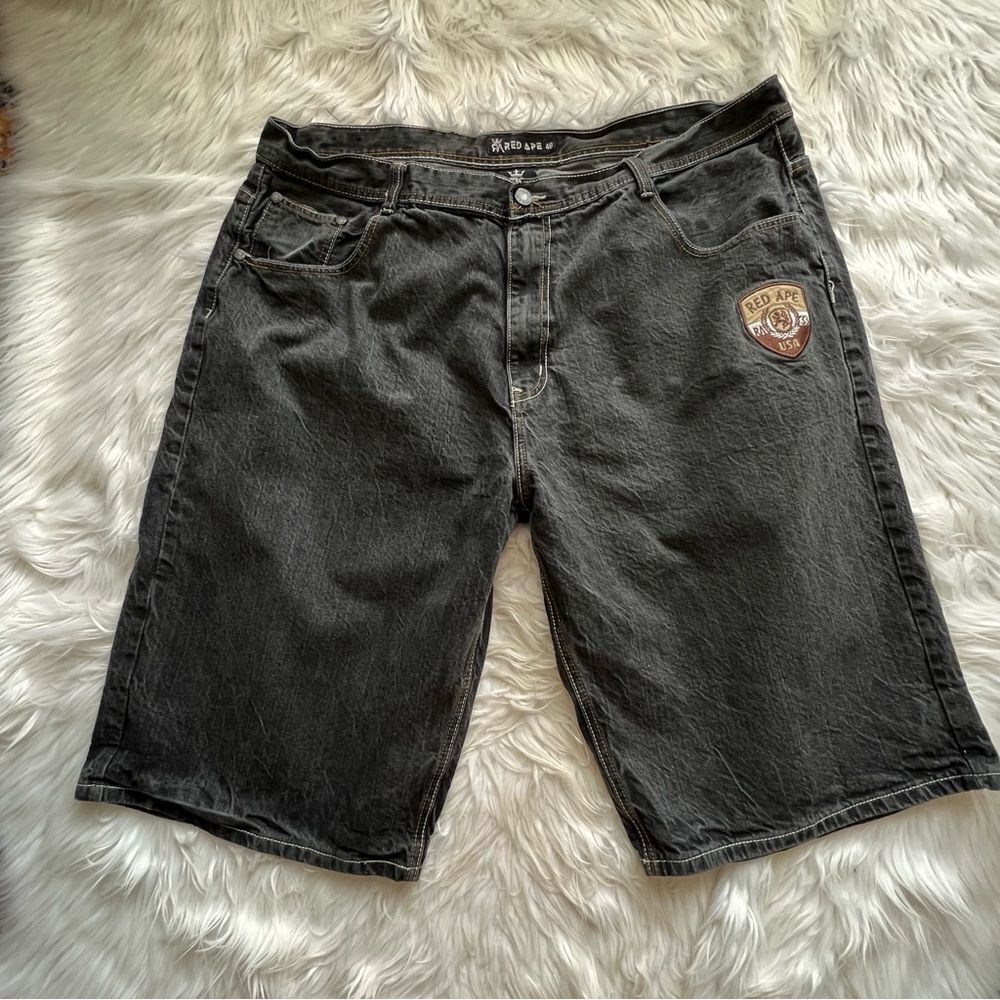 Y2K baggy jean shorts jorts 48x15 embroidered skater cyber grunge hip hop Black